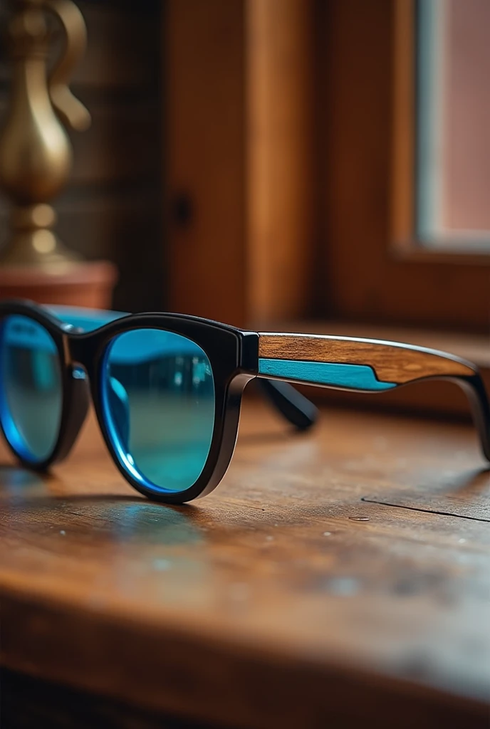 Black lens glasses with blue temples and retro wood