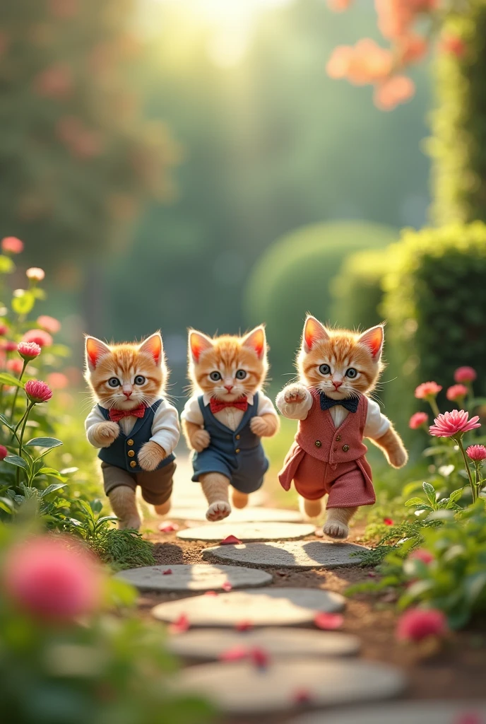 The three kittens dressed in dress clothes running in a beautiful garden.