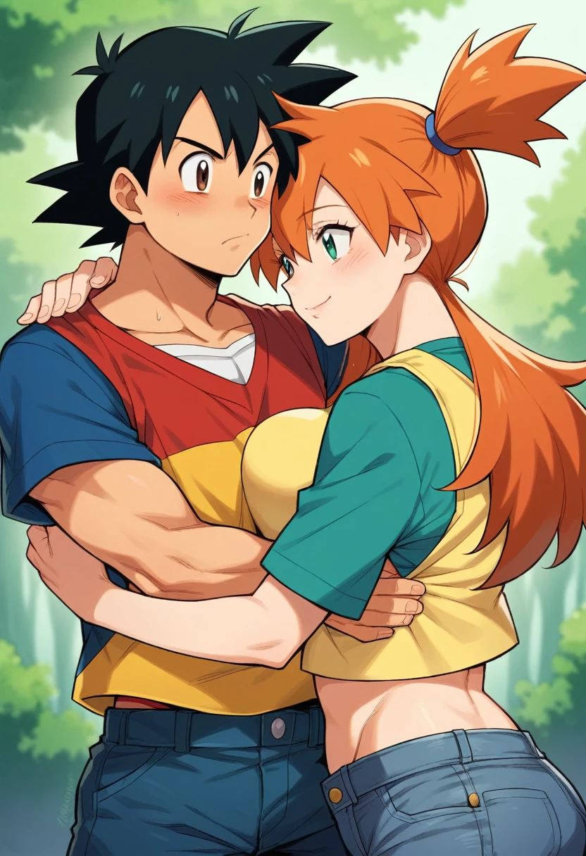 1boy, ash ketchum, black hair, brown eyes, hair between eyes, ash ketchum, black t-shirt, jeans, handsome boy, good looking boy, muscular boy
1girl, misty pokemon, green eyes, orange hair, long hair, hair down, yellow crop top, jeans, pretty, beautiful girl, curvy girl
photograph of a 1 couple, on a forest, looking at each other