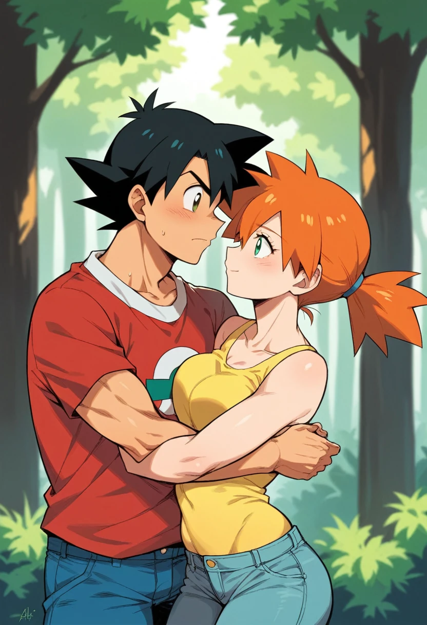 1boy, ash ketchum, black hair, brown eyes, hair between eyes, ash ketchum, black t-shirt, jeans, handsome boy, good looking boy, muscular boy
1girl, misty pokemon, green eyes, orange hair, long hair, hair down, yellow crop top, jeans, pretty, beautiful girl, curvy girl
photograph of a 1 couple, on a forest, hugging, looking at each other
