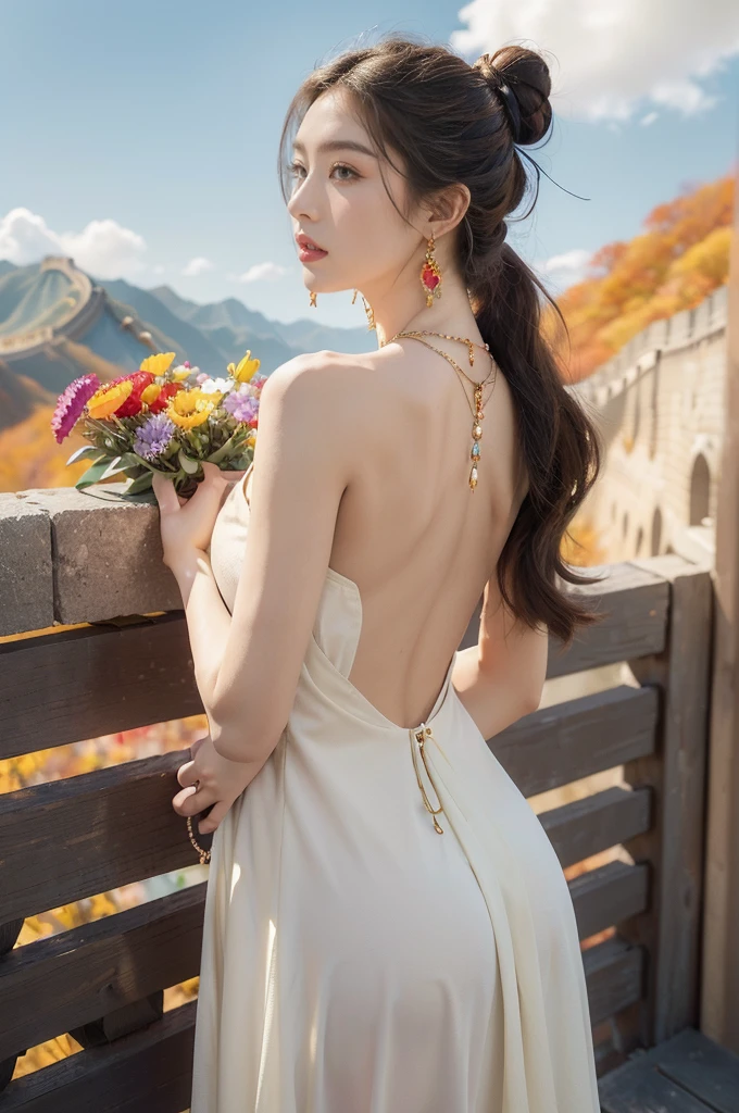 (((best quality))), (((ultra detailed))), (((masterpiece))), illustration,((1 beautiful girl,solo)),(on the Great Wall:1.3),(neat bun:1.2),((earrings,necklace)),((slim,thin)),((bare back,towering hips,butt crack)),((October, sunny, autumn,bright sunshine)), magnificent mountains,(maxi gorgeous Exquisite embroideried red dress:1.3),(stockings:1.3),(standing:1.3),gracefully,(detailed bright eyes:1.3),(fair skin:1.3), radiant,sparkling, vibrant colors,(colorful flowers:1.3), elegance, strength, perseverance, majestic, awe-inspiring, fluffy white clouds,((from back,upper body))