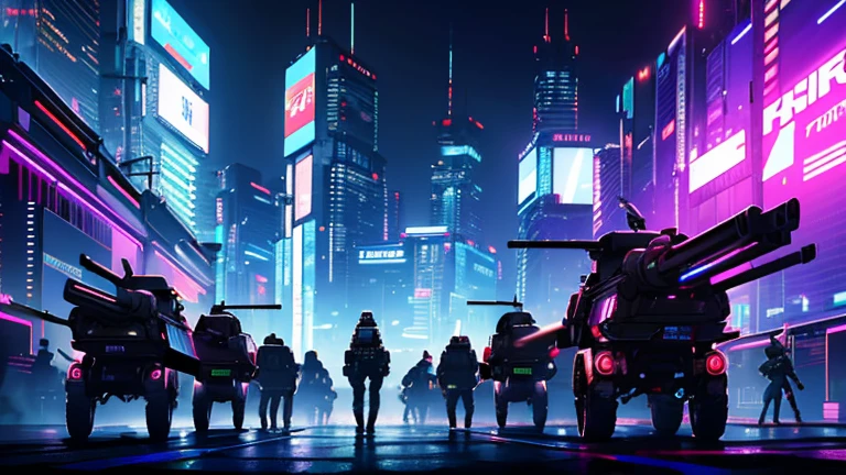 Very detailed,High resolution,4K,8k,masterpiece,High resolution,(panoramic scene,very wide shot:1.3),(Late Night,Cyberpunk cityscape,Vibrant neon glow),A group of soldiers with heavy weapons are charging