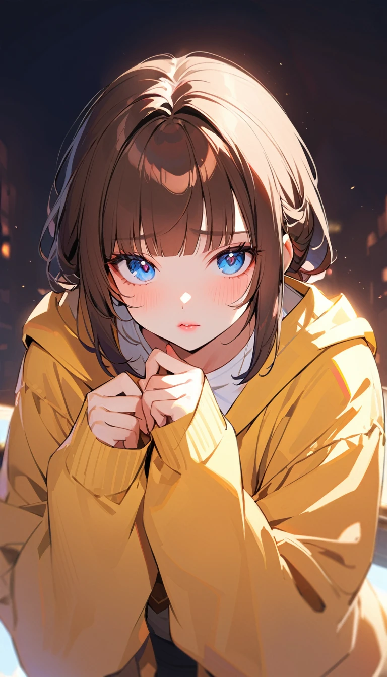 1woman, 独奏, Blue eyes, detailed eyes, light lips, 25years old, Brown Hair, Neat bangs, Shy pose, oversized yellow cardigan, White T-shirt