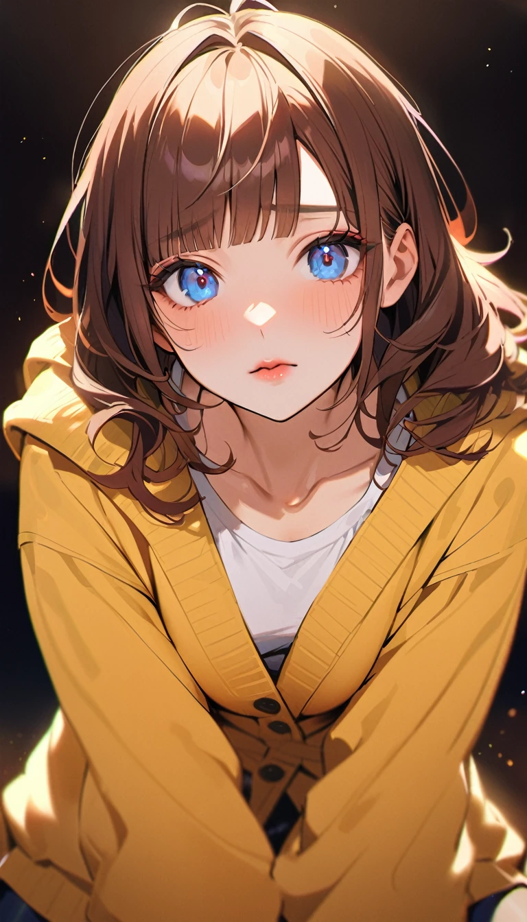 1woman, 独奏, Blue eyes, detailed eyes, light lips, 25years old, Brown Hair, Neat bangs, Shy pose, oversized yellow cardigan, White T-shirt