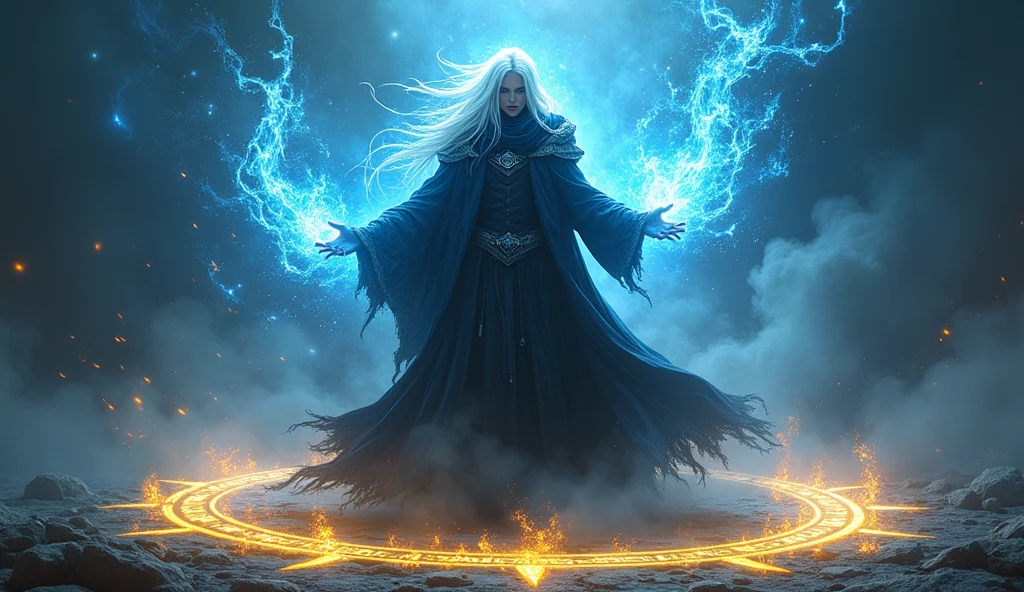 A dark mage surrounded in the magic symbols casting powerful spells in an action pose, white hair with dark grey highlights, full body shot, epic battle scene, surrounded by magical blue energy, sparks flying everywhere, surrounded by yellow glowing runes circle on the ground, full frame background, light gray eyes, ultra realistic 64k HDR RAW photo