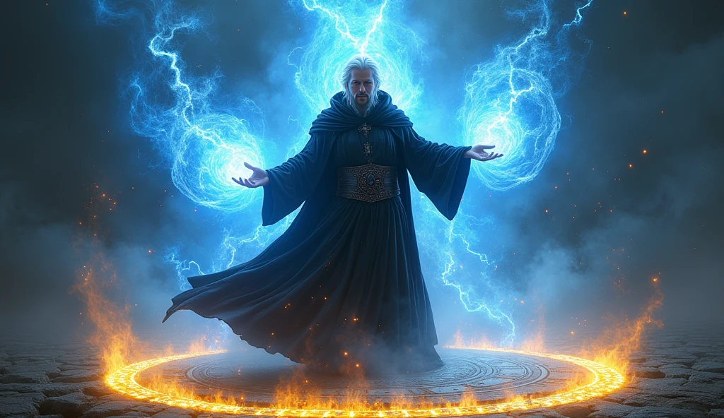 A dark mage surrounded in the magic symbols casting powerful spells in an action pose, white hair with dark grey highlights, full body shot, epic battle scene, surrounded by magical blue energy, sparks flying everywhere, surrounded by yellow glowing runes circle on the ground, full frame background, light gray eyes, ultra realistic 64k HDR RAW photo