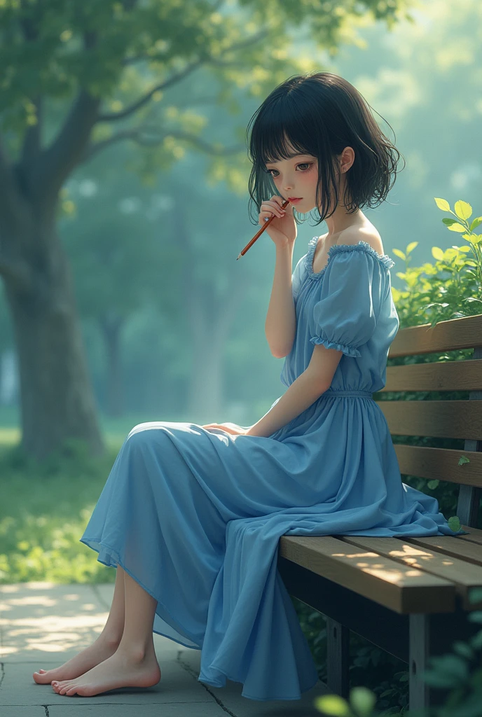 A girl sat on a last bench with blue colour dress and pencil in the mouth