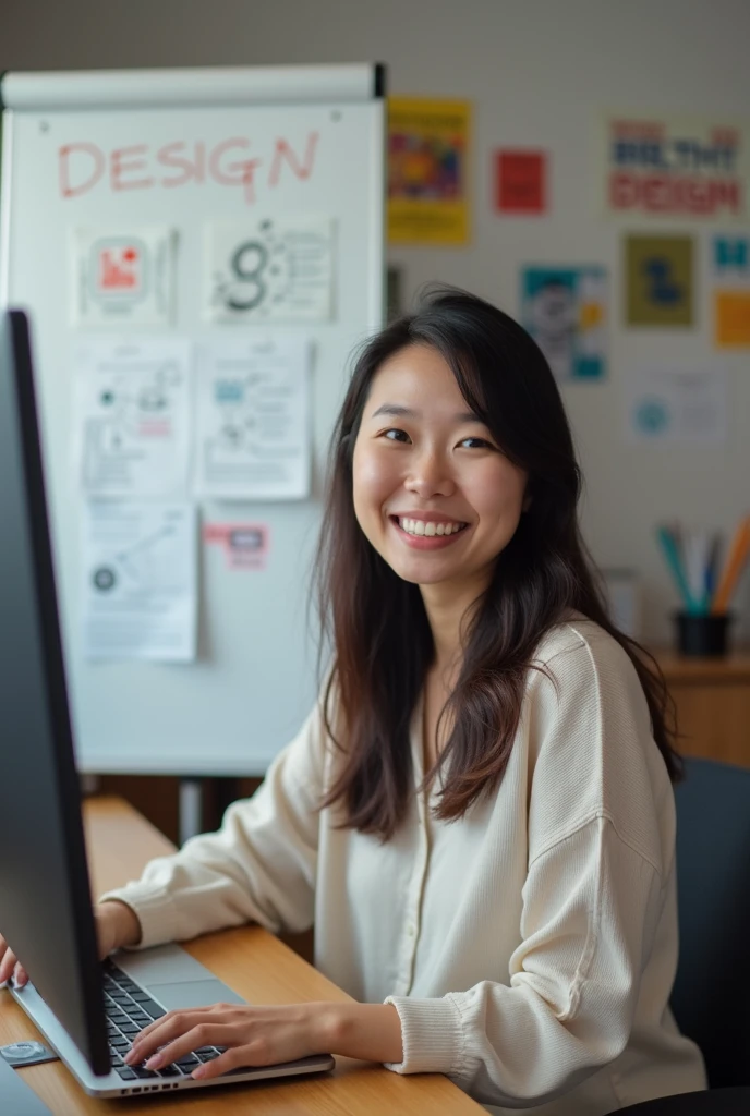 A scene of an Asian woman happily doing web design。She has a bright smile、I'm using a computer。In the background, there is a whiteboard with design ideas drawn on it.、There is a wall with inspirational posters。The overall vibe should be creative and fun.。