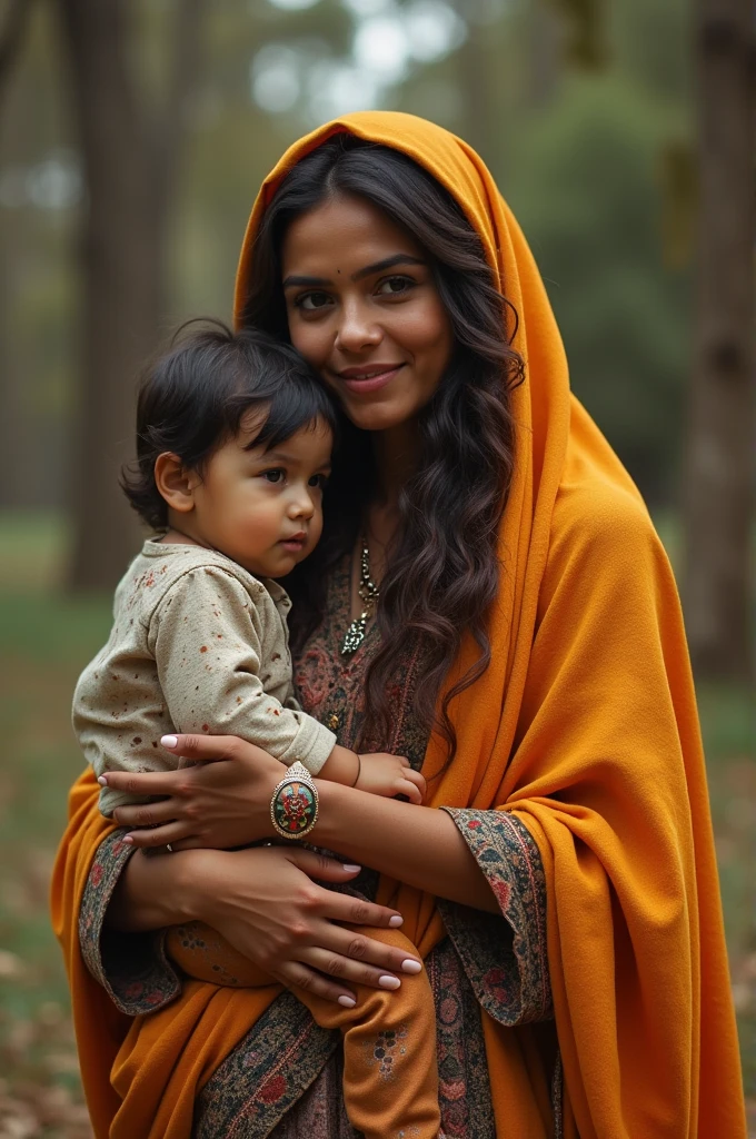 Make a woman with her son, who is about , and label it " present-day Iyas"
