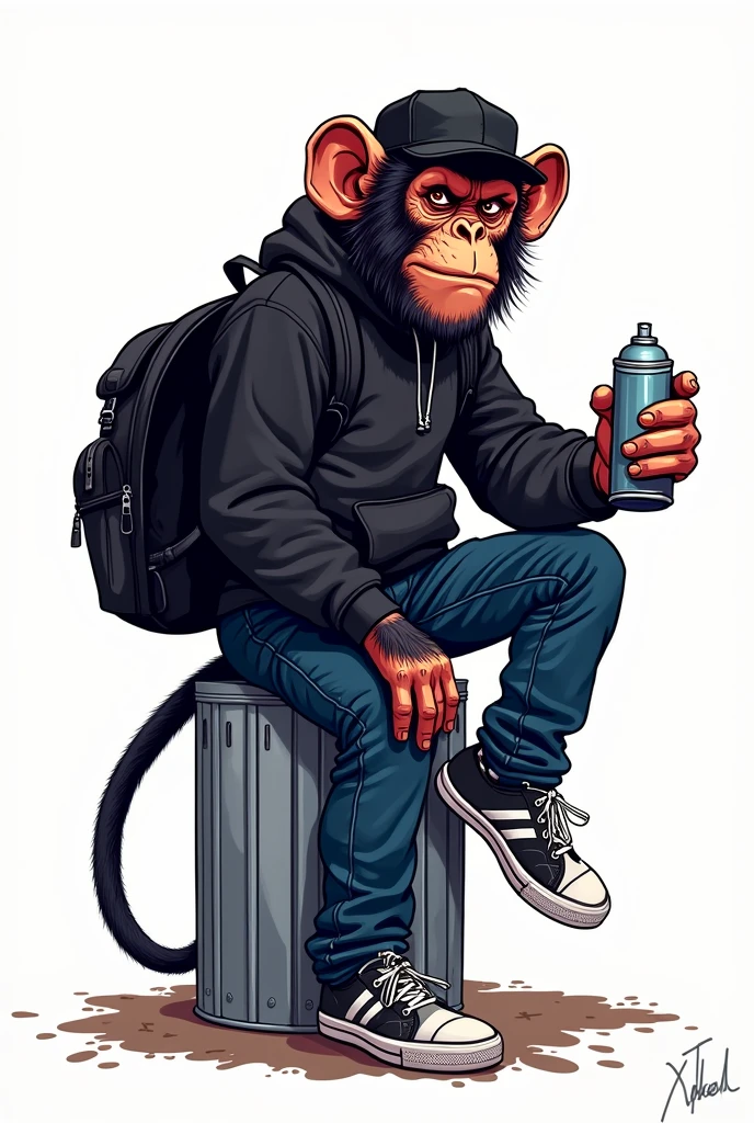 Comic style illustration of a monkey wearing a graffiti outfit and a black sweatshirt, black cap and backpack navy blue jeans rapper, In his right hand he is using a spray can and Adidas shell tennis shoes, with angry face, White background, sitting on a metal-colored trash can with one foot bent