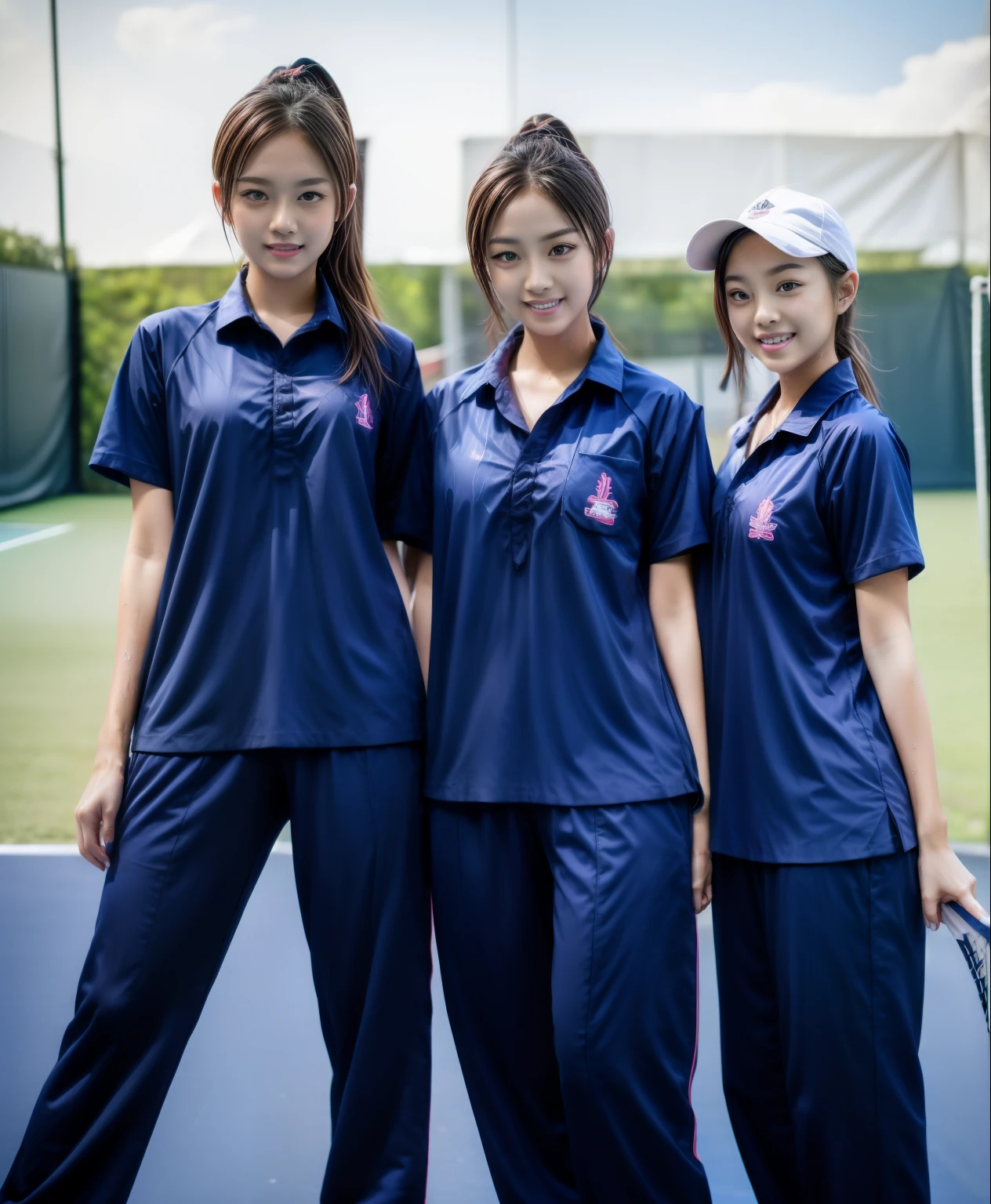 3 girls play tennis at tennis courts, Navy blue short-sleeved shirt,Navy Long Trackpant,Sweatpants, Sweatpantsขายาว,2 girl, lesbian, sexy, exercise clothes, wet body, exercise clothes