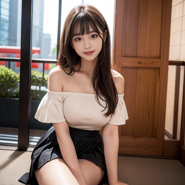 laughing out loud，2，Skirt length above knee,Wearing a pleated skirt,(knee shot), 1 female, On the face, laughing out loud, light brown hair, blunt bangs, hair behind ears, Shoulder length hair, long hair, Slender body type, 超face slimming型, face slimming, delicate lips, beautiful eyes, Thin blush, Eyes are light brown,Check it out here, (actual:1.3), The background is Tokyo Tower, One person's perspective, 8k, Super detailed, high quality, best quality, High resolution,，Large Breasts，The breasts are H-cups, Off-shoulder tops，normal two feet