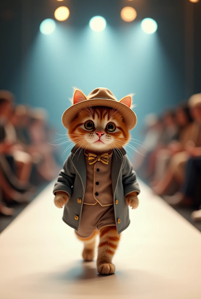 (photorealism:1.2), cute cat wearing shit walking on the runway 