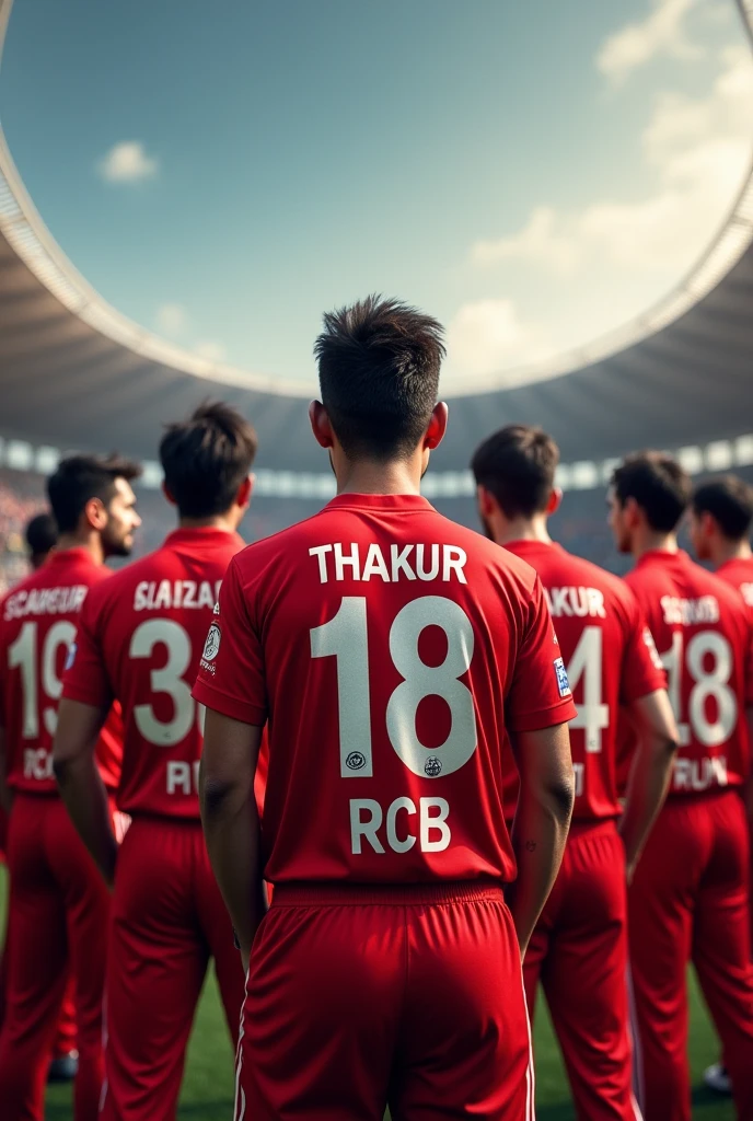 A team having Team members named Sajan Thakur 18 RCB written on his back side standing in the middle of stadium 