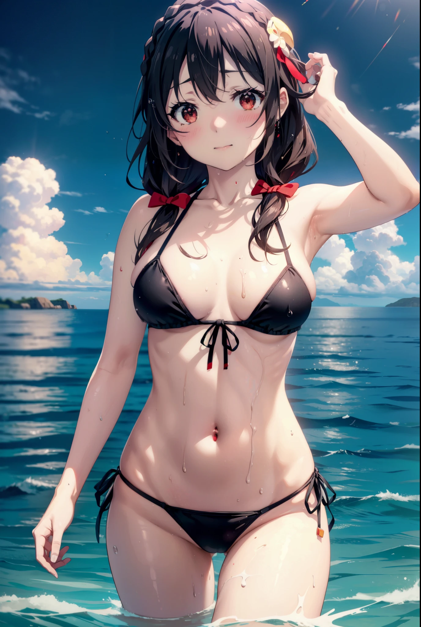 Yunyun, Long Hair, Black Hair, hair ornaments, (Red eyes:1.3), bow, ribbon, Twin tails, Braiding, hair bow, Black string bikini swimsuit,barefoot,Wet swimsuit,Wet Skin,Wet Hair,smile,blush,Open your mouth,Big Breasts,True Summer,Clear skies,Daytime,whole bodyがイラストに入るように,
break outdoors, Ocean,
break looking at viewer, whole body,(Cowboy Shot:1.5),
break (masterpiece:1.2), Highest quality, High resolution, unity 8k wallpaper, (figure:0.8), (Beautiful attention to detail:1.6), Highly detailed face, Perfect lighting, Highly detailed CG, (Perfect hands, Perfect Anatomy),