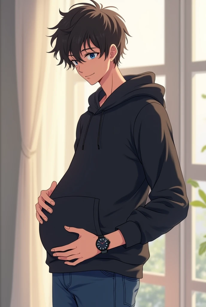 cute handsome boy small baby bump in stomach, wearing black hoodie jeans watch on hand, anime .. with blue eyes and fluffy hair and one hand on stomach 