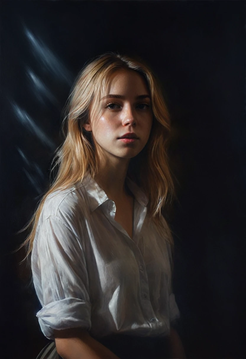 painting of a  girl with light hair in a light shirt, portrait, dark atmosphere, cinematic scene, volumetric lights, ultra realistic, in the style of nicola samori