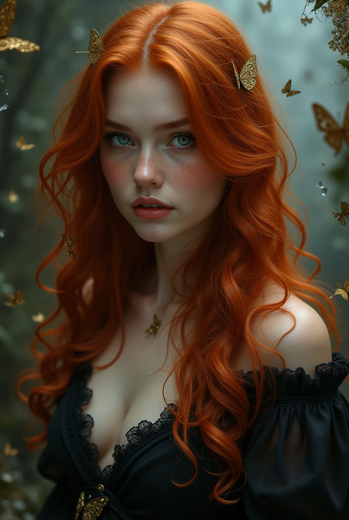 (solo, full body photo:1.3), (action packed:1.3), (haze, fog, mist:1.3), chiaroscuro, best quality, photorealistic, 1woman, (cute), (24yo:1.2), redhead, long ginger hair highly detailed, 1700'S, digital photography, art by artgerm and ruan jia and greg rutkowski surreal painting gold butterfly filigree, broken glass, (masterpiece, sidelighting, finely detailed Fashionable eyes: 1.2) (perfect oval large eyes that gazes at the viewer), beautiful detailed face, blue gorgeous perfect eyes, (blonde hair ponytail), (attractive young woman:1.3), (thick amazing hair), (seductive:1.1), (blushing:1.1)