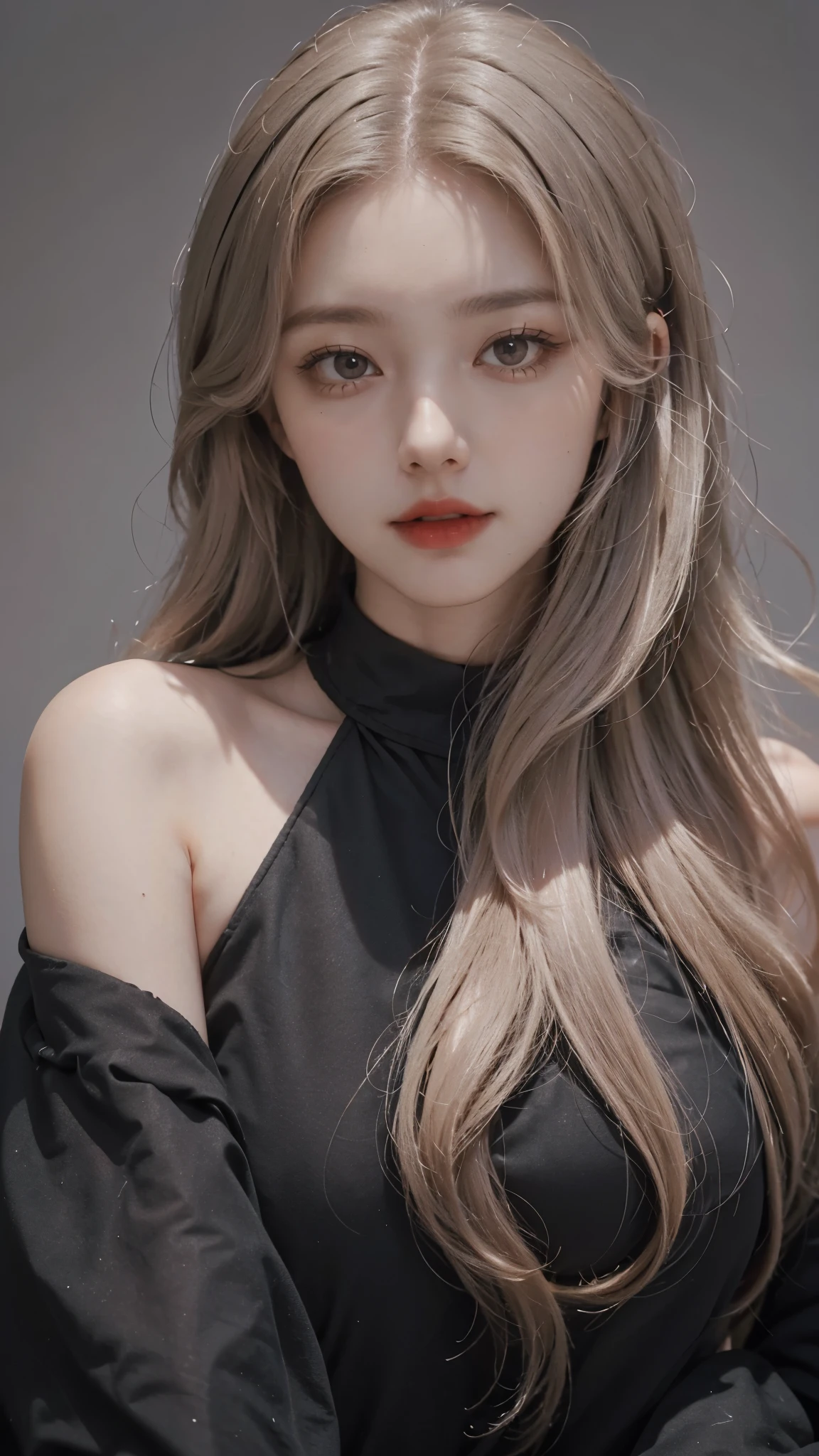 Girl wearing, luxury black coat, shoulder length hair, wavy hair, glowing skin, star in eye, red lips, grey background, cute poses , upper body, light blonde hair.