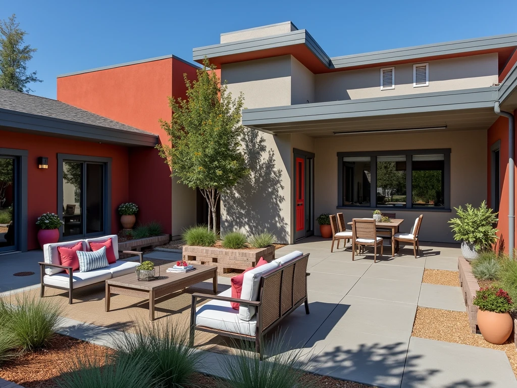 Transform this outdoor space into a vibrant and welcoming area without altering any structural elements. Focus on using a color palette that complements the existing materials while adding warmth and energy to the environment. Consider painting the walls with a combination of earthy tones and lively accent colors to create a balanced and inviting atmosphere. Integrate decor elements that enhance the functionality of the space, such as outdoor seating, planters, and subtle lighting, to create a cozy and stylish setting that can serve multiple purposes