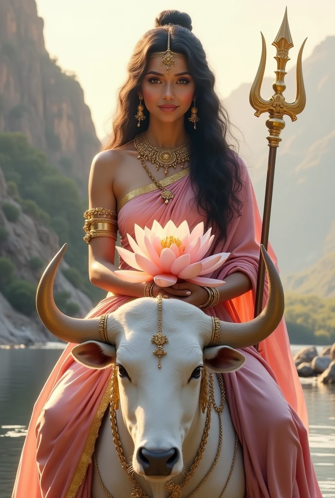 "Create an ultra-realistic image of the beautiful Goddess Shailaputri, daughter of Lord Himalaya, depicted in a stunning pink saree with a matching blouse. The saree should be intricately designed with delicate gold patterns that highlight her divine status and connection to the mountains. Her skin should have a soft, radiant glow, symbolizing her purity and celestial nature. Her face should be serene and exquisitely beautiful, with large, expressive eyes that reflect wisdom and compassion, and a gentle smile that conveys grace and strength, she has long flowing hair, long wavy hair, long black hair, beautiful healthy hair.
In her right hand, she holds a majestic trident (Trishul).
In her left hand, she holds an extremely large, beautifully detailed lotus flower.
She should be seated on an extremely large and powerful (((pure white))) bull, symbolizing her title as Vrisharudha (वृषारूढ़ा), the one who rides the bull. The bull should be depicted with a strong, muscular build, exuding both power and calmness, with a dignified and majestic presence that complements the goddess’s divine aura.
The background should feature a serene, mountainous landscape, symbolizing her origin as the daughter of the mountain. The scene should be bathed in soft, golden light, enhancing the divine and peaceful atmosphere. The overall image should capture the essence of Goddess Shailaputri’s beauty, strength, and divine connection to the mountains, presented in a highly realistic and detailed manner, with her mount emphasizing her power and divine authority."