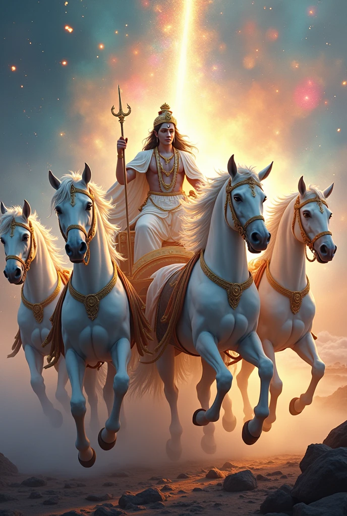 fantasy painting of a man riding on a white (Lore Krishna), Five 5 horses with a chariot, beautiful god rays, chariot, by Jitish Kallat, mythological painting, bright godrays, vishnu, inspiring art, version 3, masterpiece', breathtaking art, samikshavad, ancient kings in white robes, by Bholekar Srihari, from Mahabharatha epic story, Warrior Arjuna sitting behind Lord Krishina, Aiming arrow upwrds in the sky, 4K, Super detailed, (Dynamic configuration:1.4), Very detailed, Colorful details,( Rainbow-colored:1.2), (Shining Lights, Atmospheric lighting), dream-like, Magic, (alone:1.2), in this dream-like magical setting.,style 3D art, side pose, (Warm light source:1.2), (fire Fly:2.2), (nebula:1.3), 4K, Super detailed, (Dynamic configuration:1.4), HD Pixar detailed, Colorful details, (masterpiece:1.2), (highest quality), bending your visual