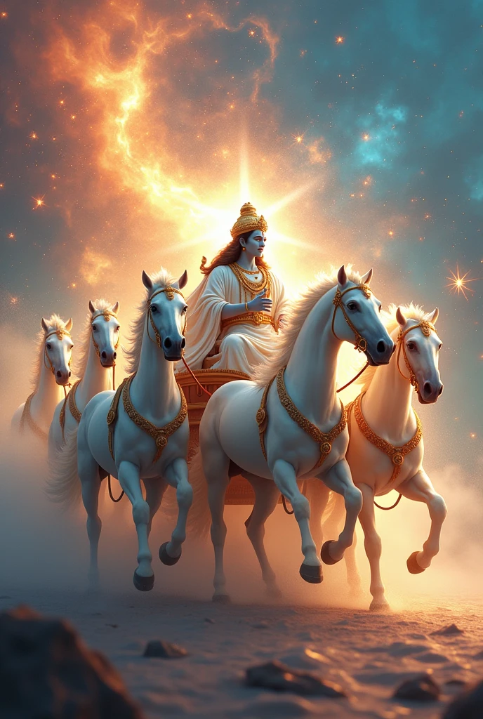 fantasy painting of a man riding on a white (Lore Krishna), Five 5 horses with a chariot, beautiful god rays, chariot, by Jitish Kallat, mythological painting, bright godrays, vishnu, inspiring art, version 3, masterpiece', breathtaking art, samikshavad, ancient kings in white robes, by Bholekar Srihari, from Mahabharatha epic story, Warrior Arjuna sitting behind Lord Krishina, Aiming arrow upwrds in the sky, 4K, Super detailed, (Dynamic configuration:1.4), Very detailed, Colorful details,( Rainbow-colored:1.2), (Shining Lights, Atmospheric lighting), dream-like, Magic, (alone:1.2), in this dream-like magical setting.,style 3D art, side pose, (Warm light source:1.2), (fire Fly:2.2), (nebula:1.3), 4K, Super detailed, (Dynamic configuration:1.4), HD Pixar detailed, Colorful details, (masterpiece:1.2), (highest quality), bending your visual