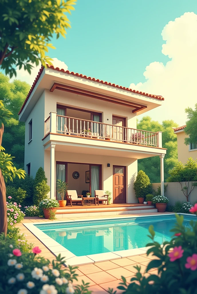 Line Illustration、Light colors，3-storey house，There is a yard and swimming pool on the first floor，Depth of Field，panoramic，A spacious and cozy living area，There is also a small plant in the corner。Decorated with lush greenery and potted flowers，Roadside fence flowerbed，The setting sun shines on the house。Warm and comfortable。