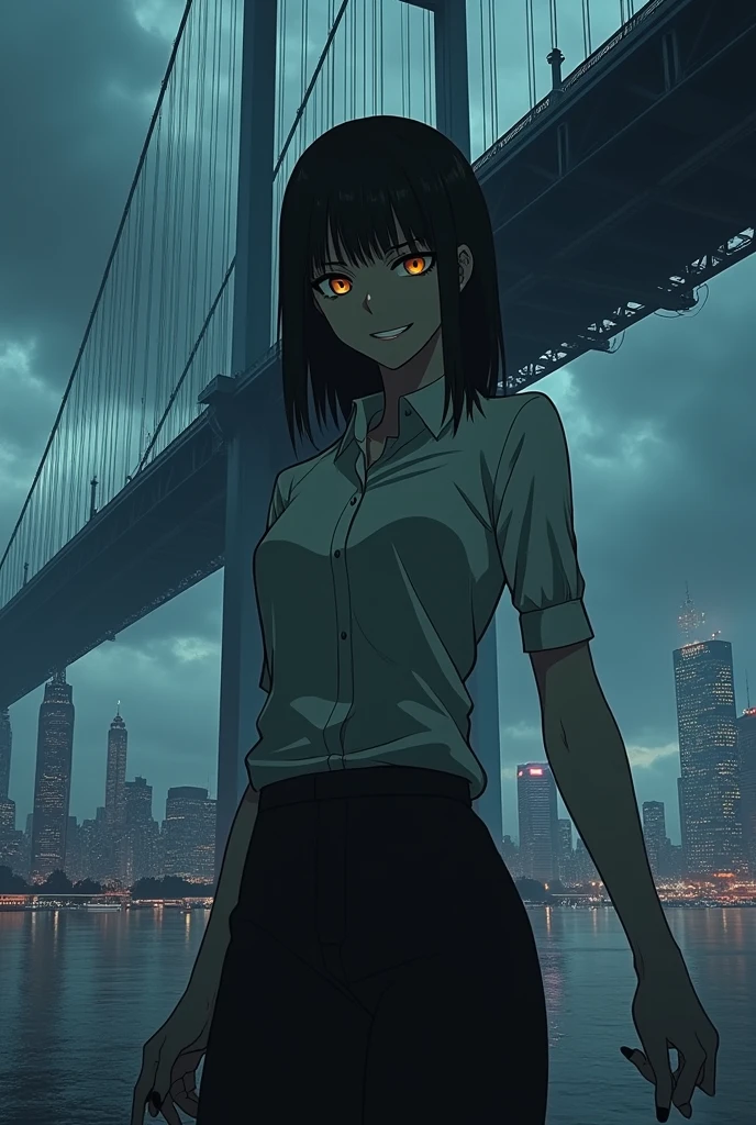 The image is anime style cowboy bebop and Darker than black with shadows and dim lights, anime style although somewhat adult and dark, It shows a woman with black hair and dark yellow eyes., smiling in a sinister and psychopathic way, who wears a formal shirt and skirt and makes a photo sign with his fingers. He looks psychopathic, is stopped, You can see the black high heels she wears. Behind her, You see a huge city with a huge bridge that goes to the sky. stop, You can see the black high heels she wears.