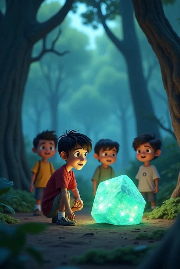 3D Animation Cartoon "At the edge of a dense forest, where the sunlight barely breaks through thick branches, Rohaan and his friends discover a glowing stone half-buried in the ground. The stone emits a soft, magical blue-green light, contrasting with the deep earthy tones of the forest floor. Rohaan crouches close to the stone, his face lit with wonder, while his friends stand behind him, wide-eyed in amazement. The trees tower above them, and the air is thick with mystery, as the gentle breeze rustles the leaves and the magical aura from the stone fills the atmosphere.