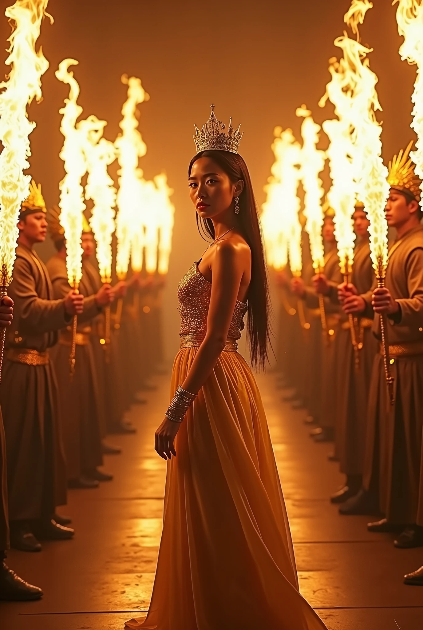 Music video style scene of a Young korean woman, O-yoon wearing golden crown. O-yoon is performing in a music video in front of a row warriors with flaming swords