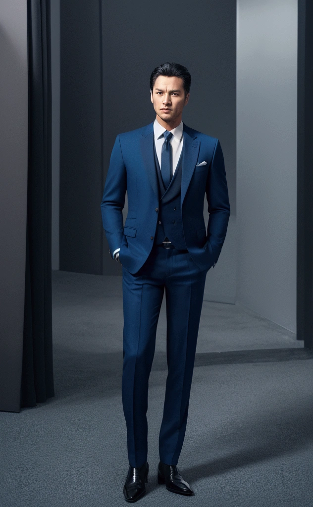 A man in a blue suit with his black pants unbuttoned, hands in his pockets, taking a photo.