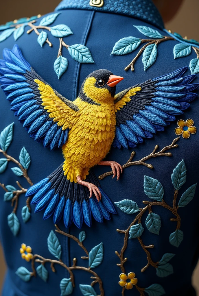 generates a blue and black embroidered goldfinch with outstretched wings For a uniform