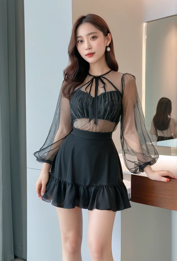 A woman with a beautiful girl々Create a new, whole body, A short sheer dress for、For girls, remove the low-cut see-through blouse and mini skirt., I'm looking forward to both, The boy is kissing her breast, Make it look realistic
