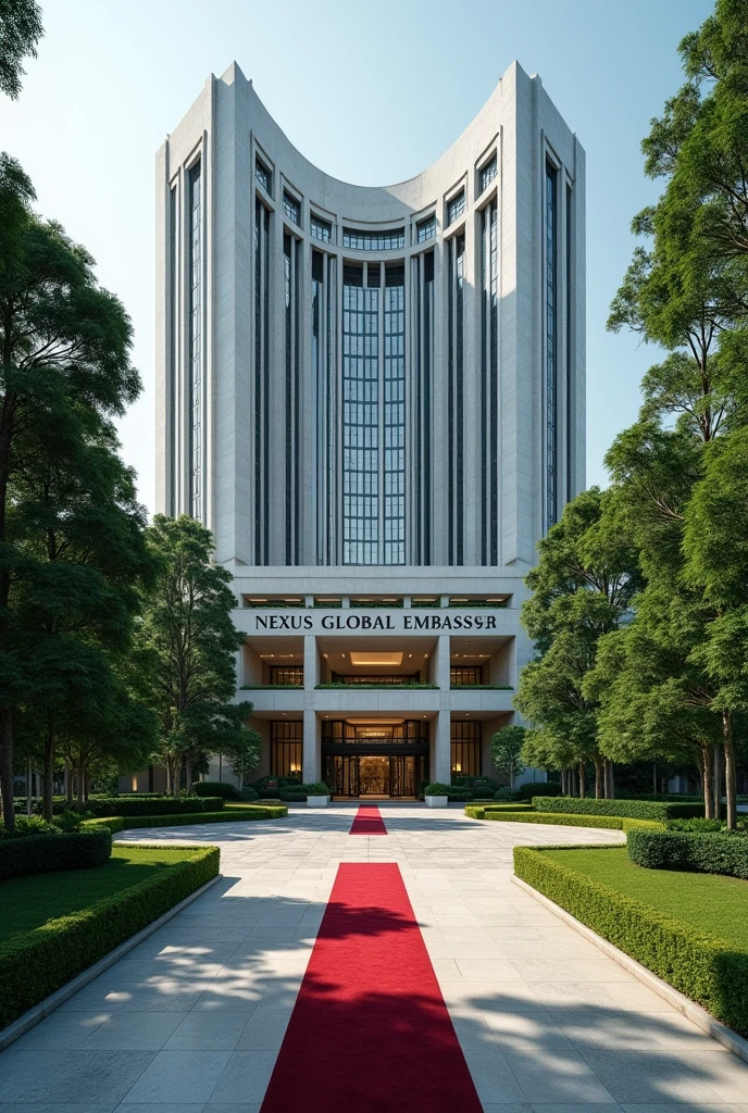 A wonderful and luxurious building, it's on it's own with large compound with trees and Grass with corporate Singaporean architecture and the words Nexus Global Embassy fully exposed on the building separate concrete with red carpet on the entrance with a good full view and angle .Expose the words Nexus Global Embassy on the concrete fully I can't see the words and the driveway the spelling is wrong