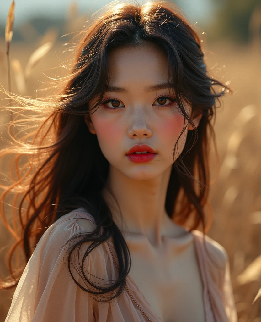 a young Asian woman, with long brunette hair, hair is blowing in the wind, beautiful onyx detailed eyes, beautiful, detailed red lips, extremely detailed face, long eyelashes, pink mascara outdoor, natural light, soft focus, cinematic, atmospheric, ethereal, dramatic, fantasy, high quality, 8k, realistic, photorealistic, masterpiece, professional, vivid warm colors, dynamic composition, with hands down her side