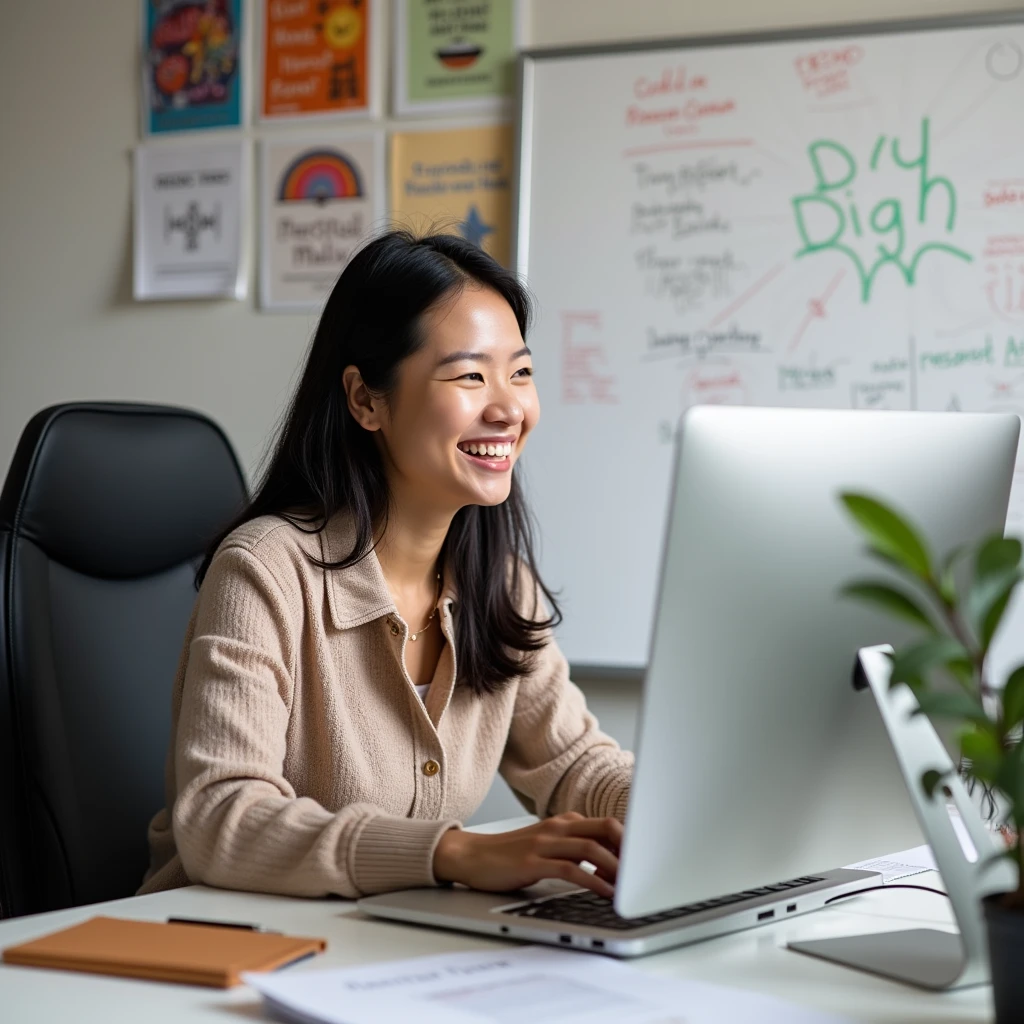 A scene of an Asian woman happily doing web design。She has a bright smile、I&#39;m using a computer。In the background, there is a whiteboard with design ideas drawn on it.、There is a wall with inspirational posters。The overall vibe should be creative and fun.。