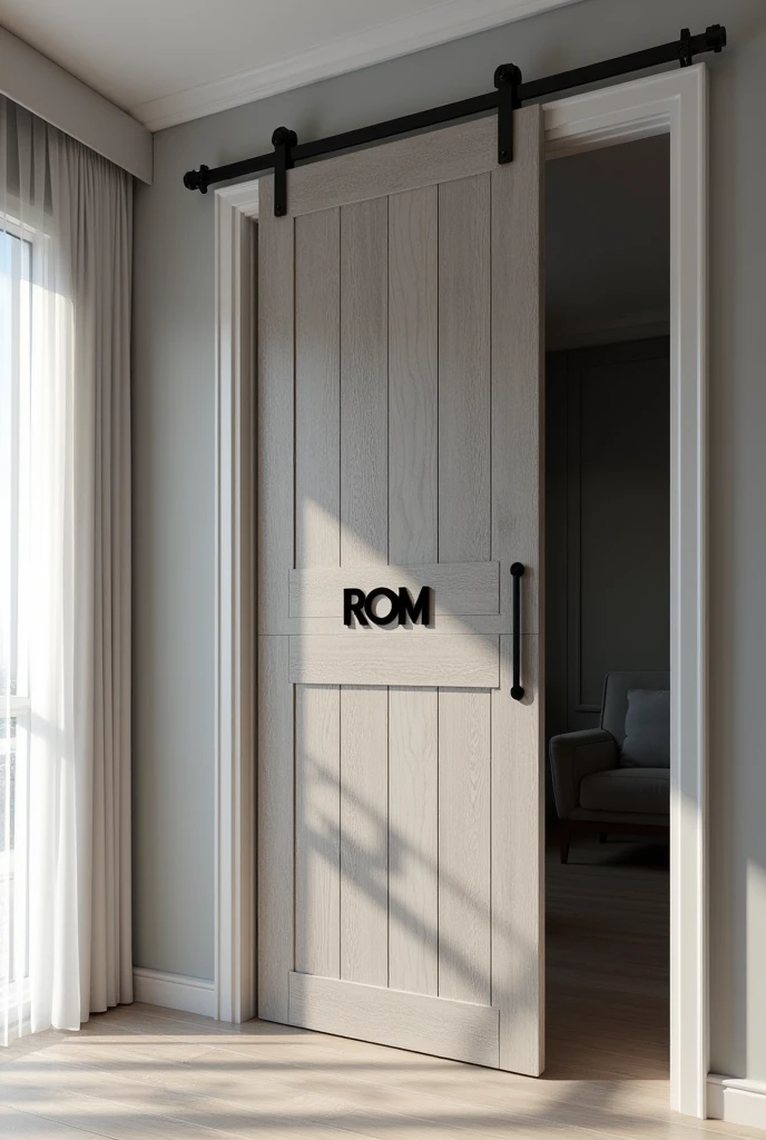Create a grey sliding wooden door with the ROM logo highlighted 
