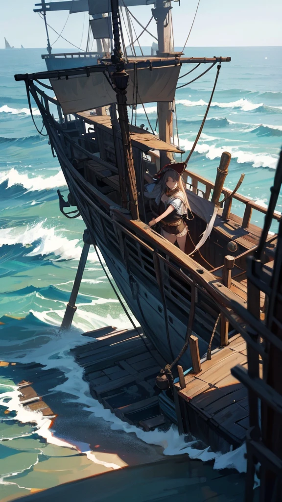 A female pirate in torn clothes stands on a pirate ship in the middle of the ocean, high resolution images 4K,Ultra quality, shadow light