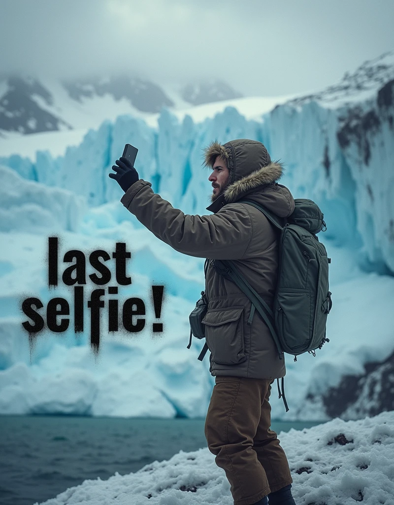 ((Last selfie. A dramatic scene captures a lone explorer at the edge of a massive, crumbling glacier, taking a selfie as the entire ice shelf begins to collapse into the icy ocean below. The explorer, dressed in weathered cold-weather gear, smiles nervously into the camera, while behind them, enormous chunks of ice break off and crash into the water, sending towering waves and sprays of frosty mist into the air. The sky above is dark and stormy, with swirling clouds hinting at the oncoming blizzard. The entire scene is a mix of awe-inspiring beauty and impending doom, as the explorer stands at the brink of disaster, focused on documenting the perilous moment. Oopps.)).

(Suspended in the air between scene and the viewer, a translucent, almost ghostly black message reads exactly: "Last selfie!". The text appears as if it's floating, blurred at the edges, with the letters formed from a faint mist or dark black smoke that lingers in the space. The smoky words are readable, though not overly bright, hovering just in front of his gaze, creating a surreal yet powerful effect. Text exactly says: "Last selfie!". Text says: "Last selfie!". semi-transparent text that reads 'Last selfie!' in a dramatic, bold font. The text almost acts as a title, floating in the air, partially obscuring the scene but enhancing the overall tension and urgency of the moment.)