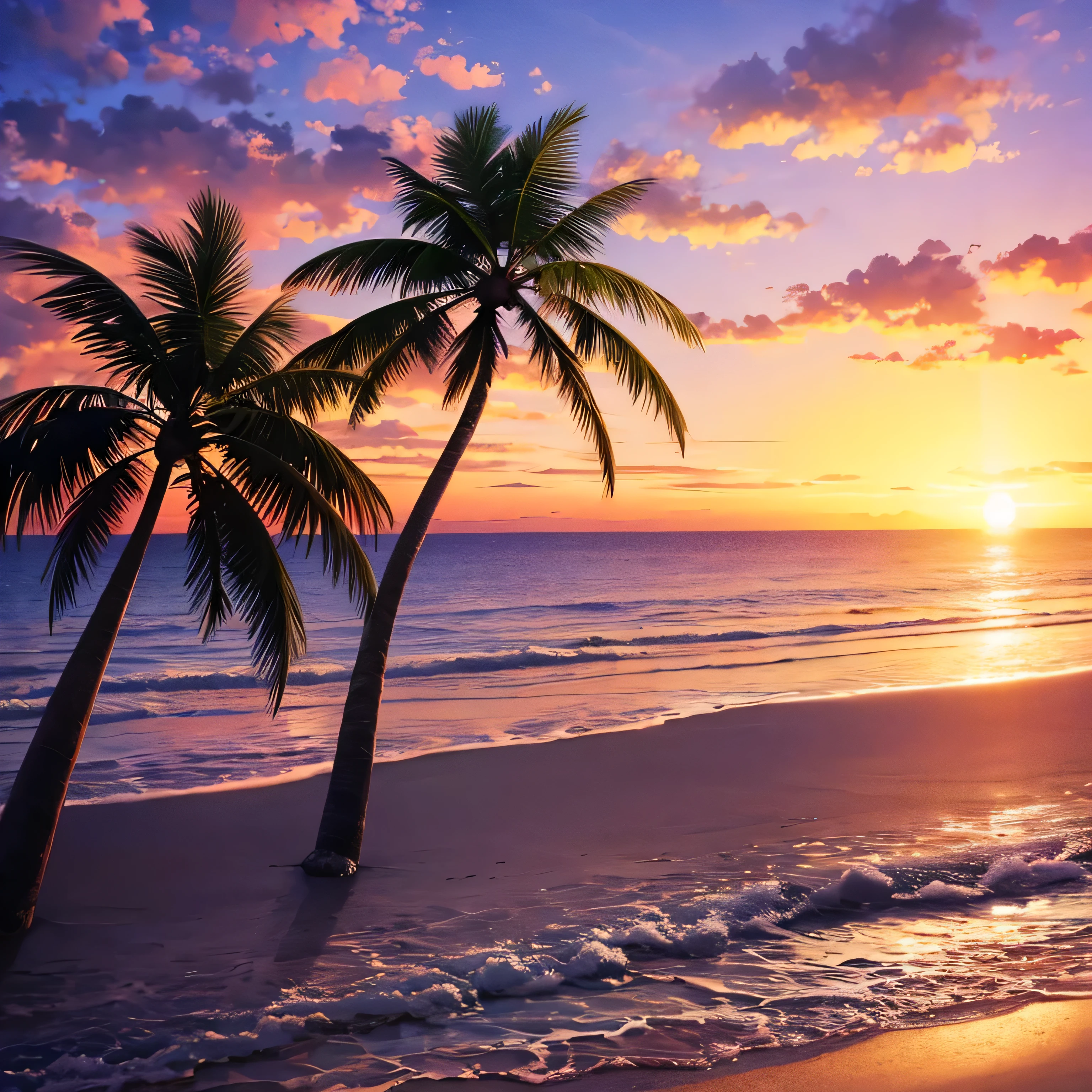 Sunset on the beach、Palm tree、Big Sunset、Beautiful views