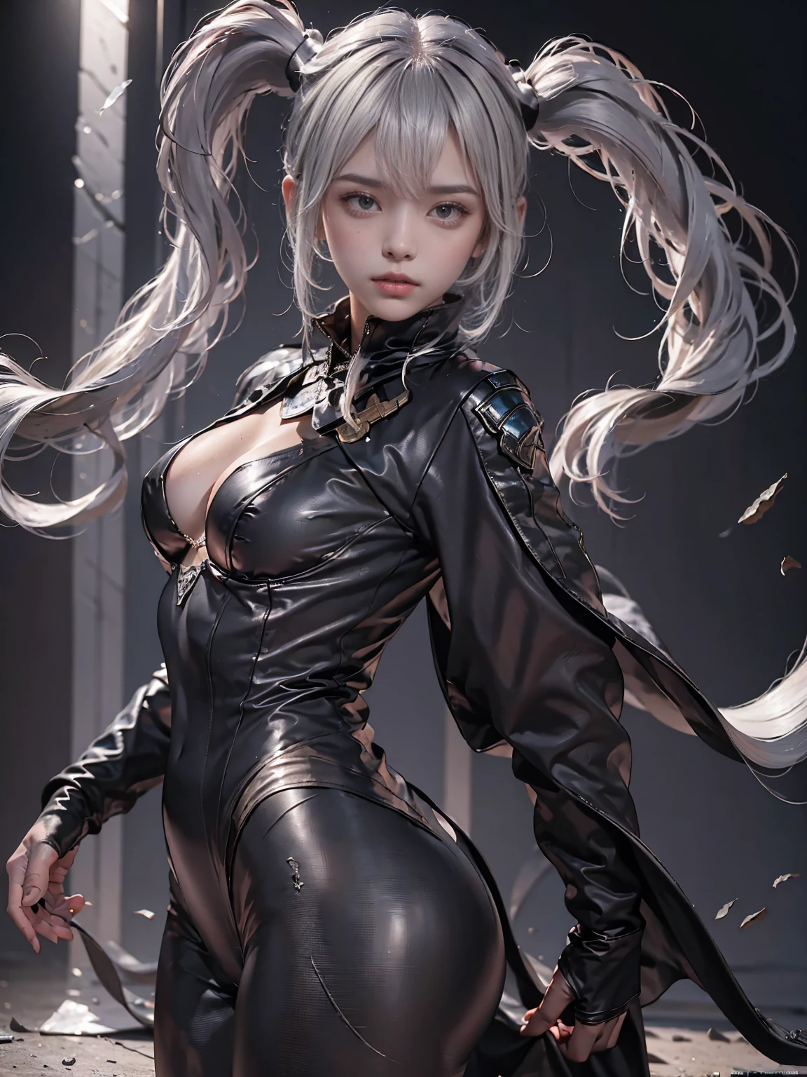 Two gray-haired girls wearing elaborate Superman costumes,Black long sleeve, covers the entire body, Black Cape, big bust, Generous Divide, Black Superman Costume, Suit with black carbon fiber details, finished (Butt pose during exhibition:1.2), (intricate details:0.9), (nffsw, hyper detailing:1.2), (natural skin texture, surrealism, soft light, sharp), Photos in RAW and 35mm format.dark radial background.