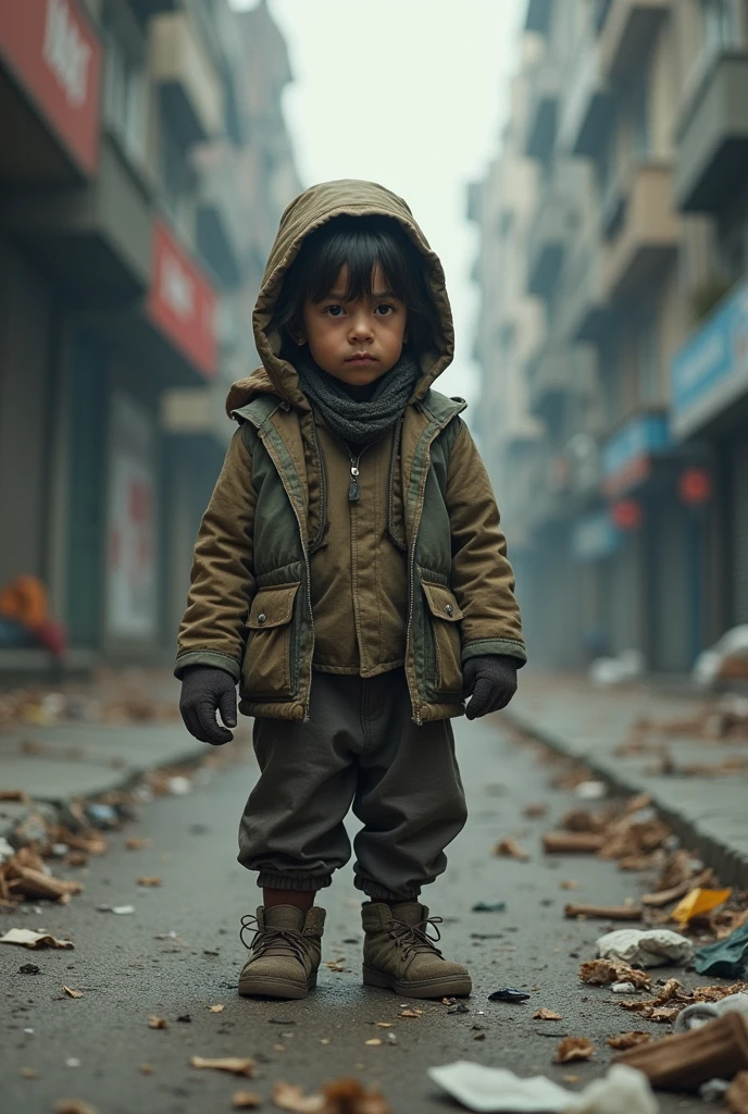 Homeless child living alone on the streets and looking for firewood for seven years