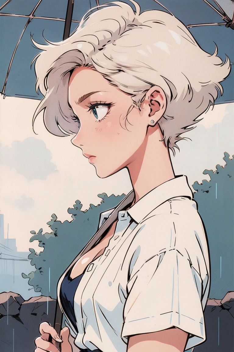 Anime Girls, 90s Anime, Vintage classic anime aesthetic, Shoulder Bare, White shirt, short hair, Cleavage, Dynamically Obsessed, rain、I'm holding an umbrella、profile
