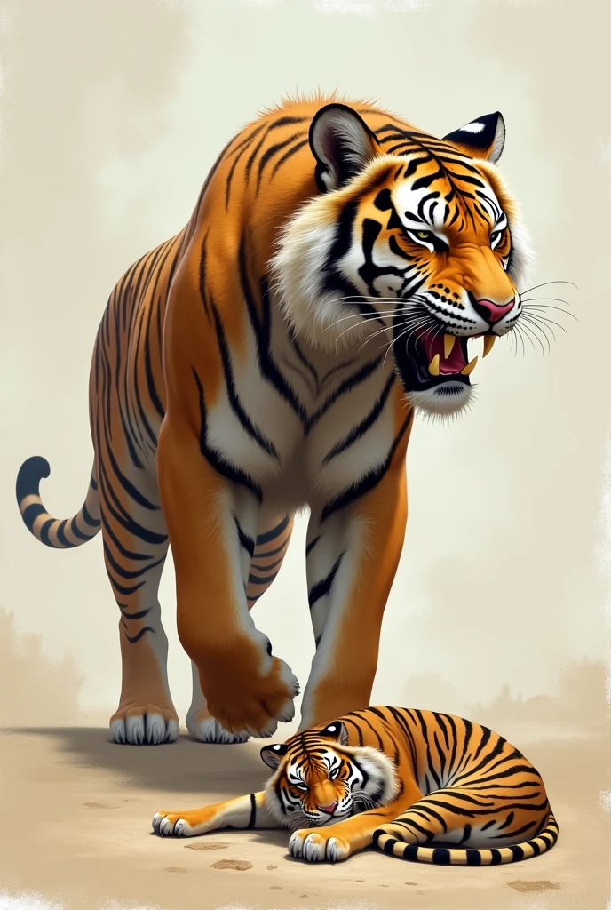 Give me two drawings of a saber-toothed tiger (animal prehistorico) one where I am walking and another where I am sleeping, bottomless