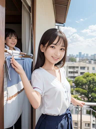 Japanese female, (underweight), (medium bust best quality:1.0), 30 years old, (cheerful grin:1.0),
(Hanging laundry on the balcony of an apartment:1.3),