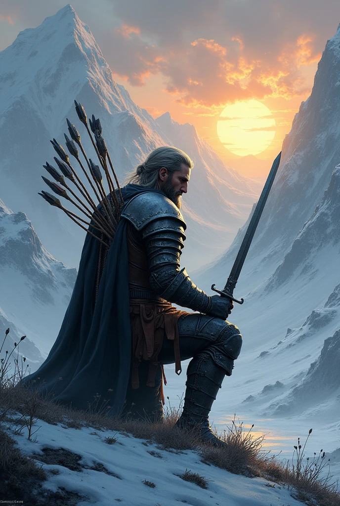 Generate a warrior kneeling with his sword stuck in the ground, arrows hitting his back and ice mountains with the sun rising in the background of the image