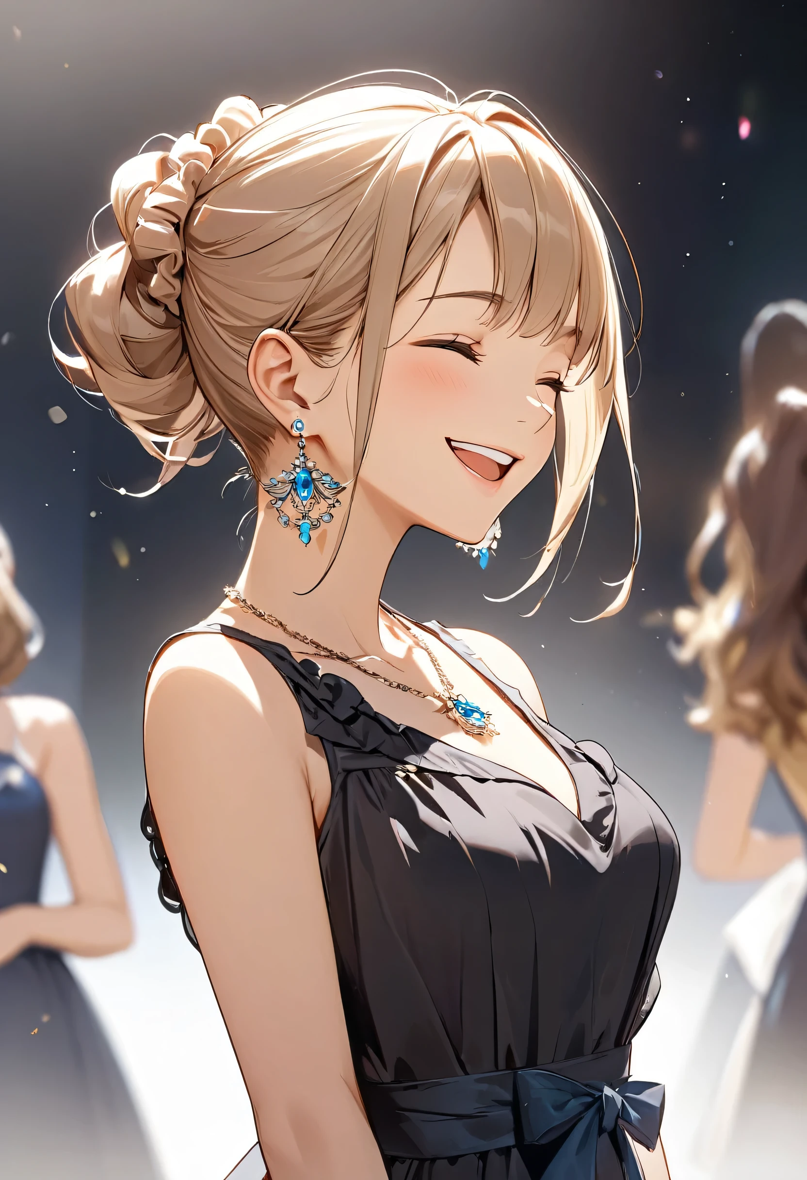 Best quality, Beautiful, scrunchy, 8 K, Very happy face, close eyes, smile with open mouth, Side body, head tilt, Sight, Obzor, slim, dress, earrings, necklace, concept