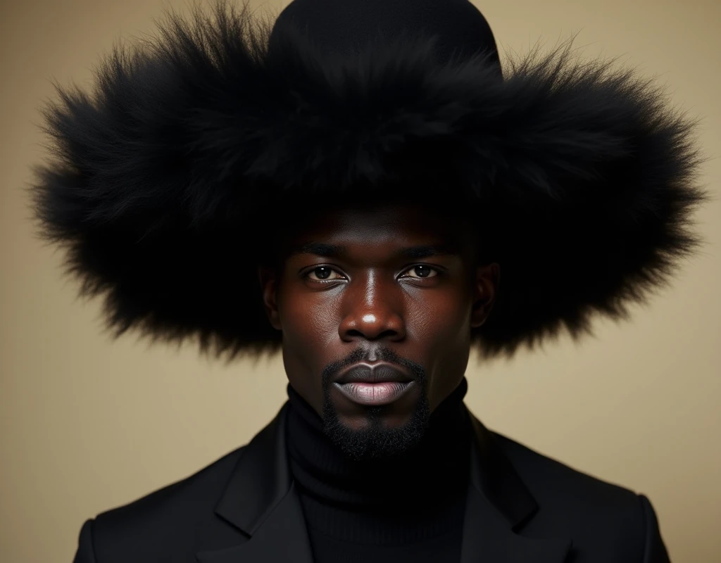 A black man wearing a fluffy black hat