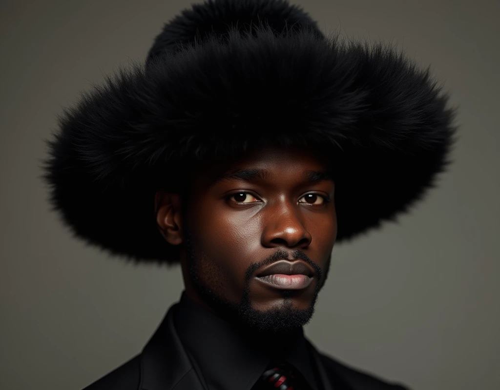 A black man wearing a fluffy black hat